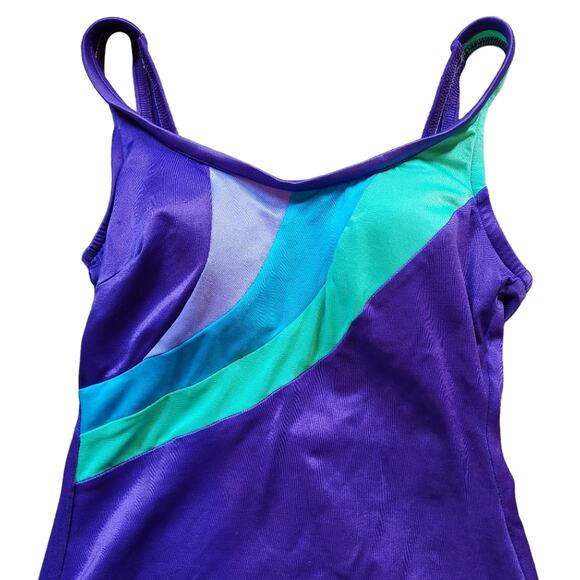 Vintage 1980s swimsuit one-piece purple and aqua modest cut size 10 - Picture 2 of 10